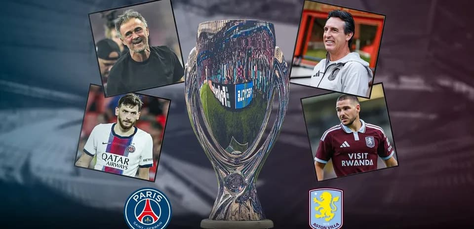 Entrenadores y jugadores de PSG y Aston Villa con trofeo