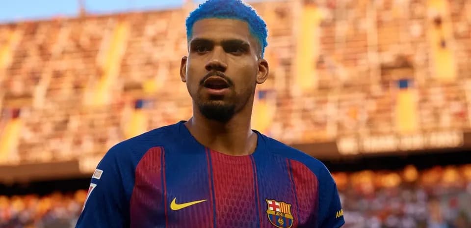 Jugador del FC Barcelona con cabello azul en el campo
