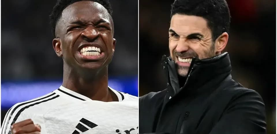 Vinícius Jr. celebrando y Mikel Arteta observando