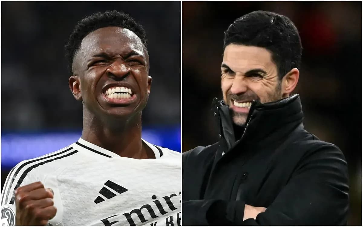 Vinícius Jr. celebrando y Mikel Arteta observando