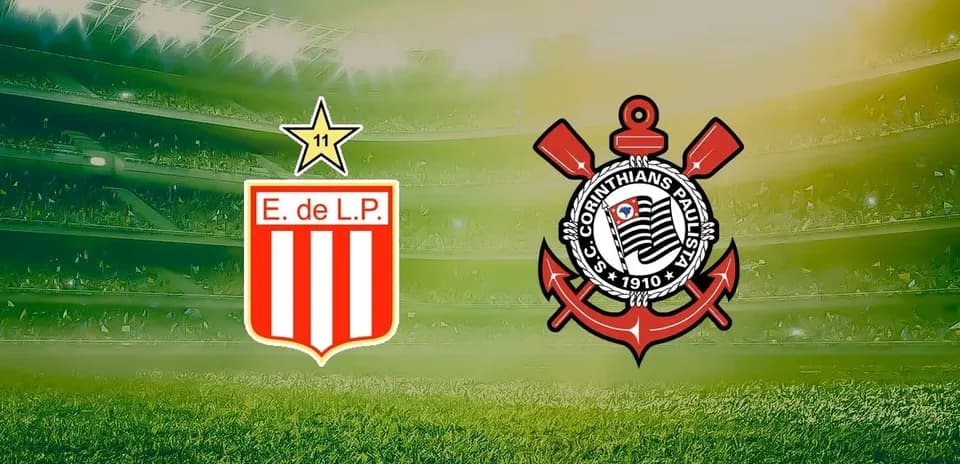 Logos de Estudiantes y Corinthians en el estadio