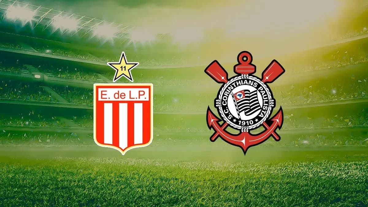 Logos de Estudiantes y Corinthians en el estadio
