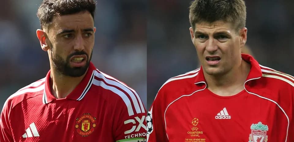 Bruno Fernandes y Steven Gerrard en camisetas de sus equipos