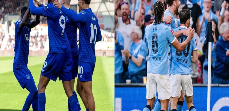 Jugadores de Everton y Manchester City celebrando goles