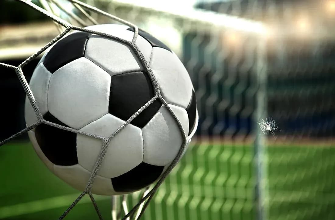 Balón de fútbol en la red de la portería