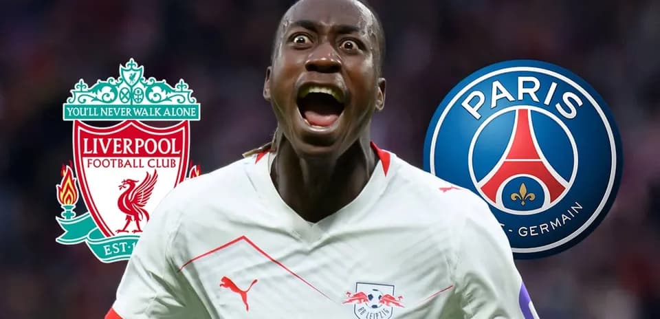 Jugador celebrando un gol con logos de Liverpool y PSG