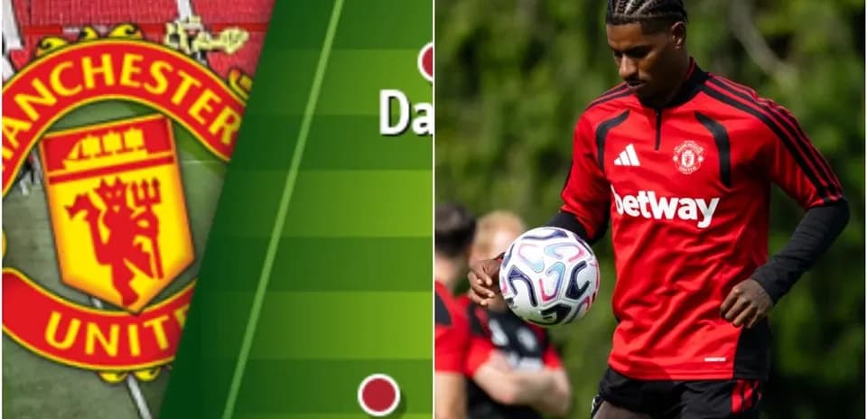 Logo de Manchester United y jugador entrenando con balón