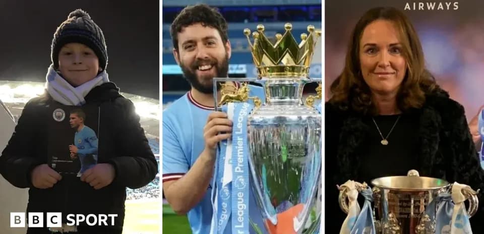 Niño con un programa, hombre con trofeo y mujer con copa