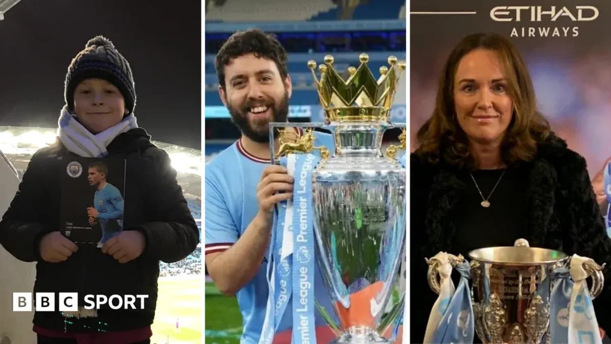 Niño con un programa, hombre con trofeo y mujer con copa