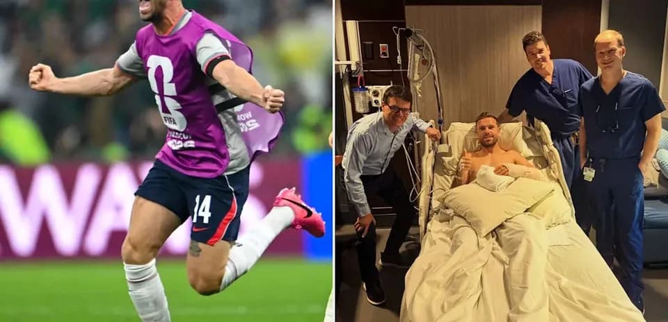 Jugador celebrando y luego en cama de hospital