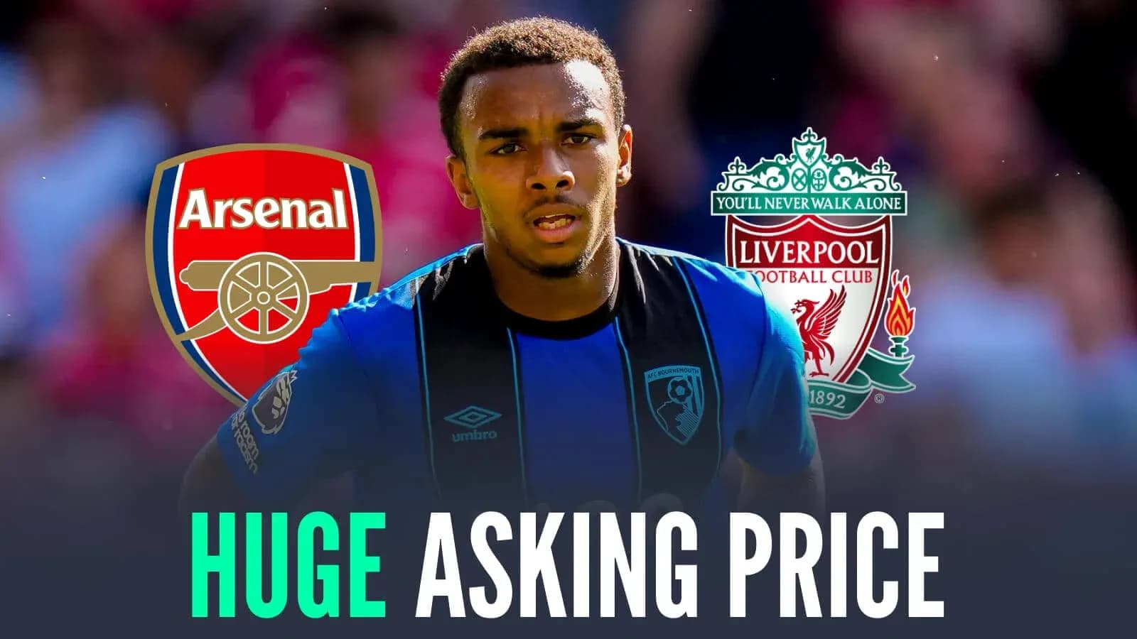 Jugador de Bournemouth entre escudos de Arsenal y Liverpool