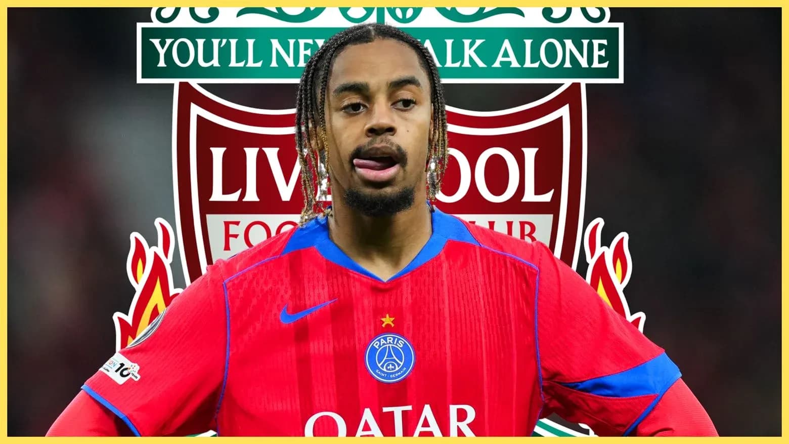 Jugador con camiseta del PSG frente al logo de Liverpool