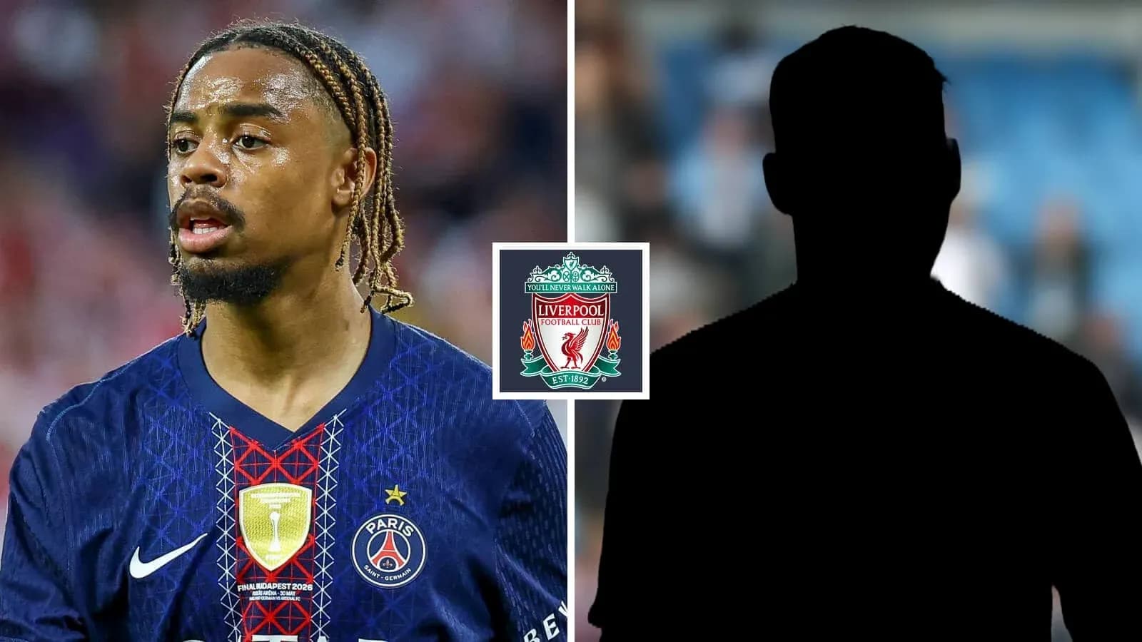 Jugador de PSG con logo de Liverpool y silueta