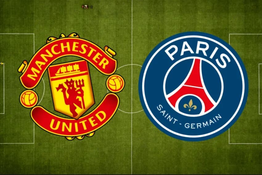 Logos de Manchester United y Paris Saint-Germain en campo
