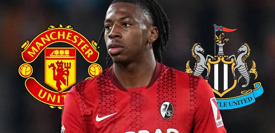 Jugador de fútbol con logotipos de Manchester United y Newcastle