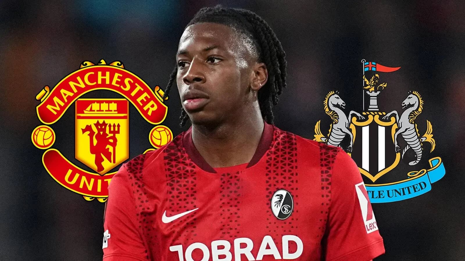Jugador de fútbol con logotipos de Manchester United y Newcastle