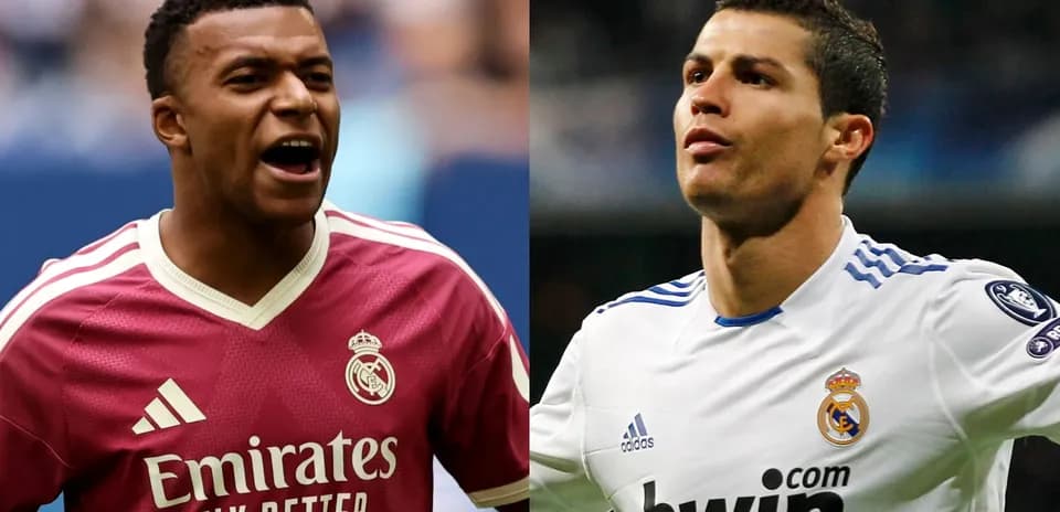 Mbappé y Cristiano Ronaldo en camisetas del Real Madrid