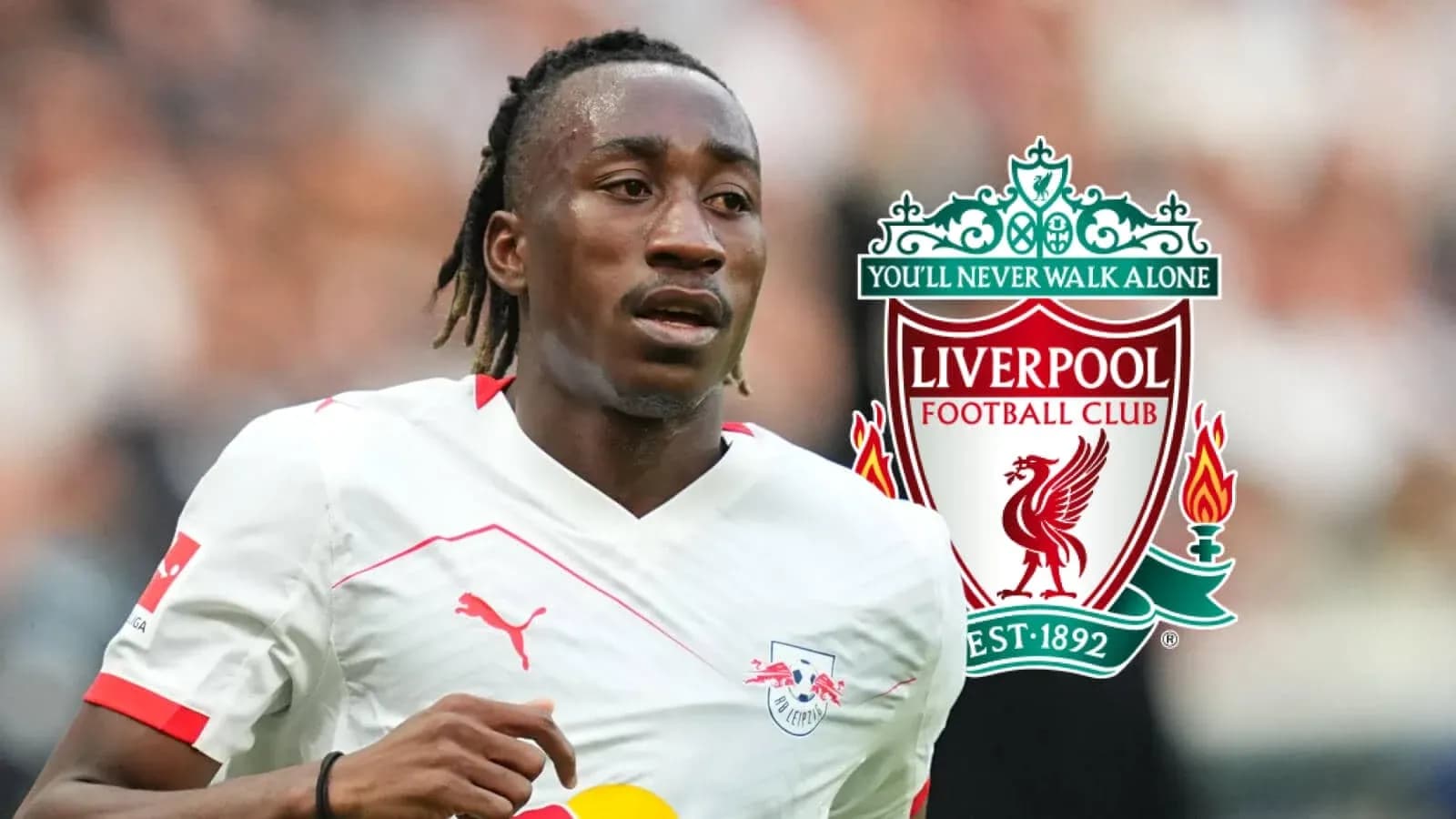 Jugador de RB Leipzig corriendo con escudo de Liverpool