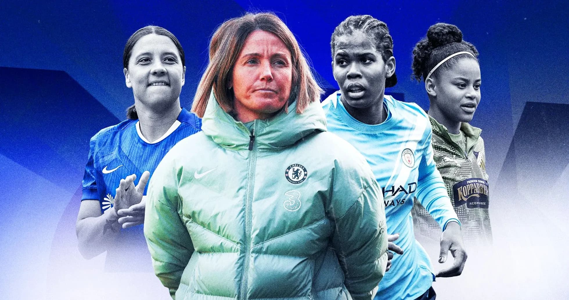 Jugadoras y entrenadora en un fondo azul