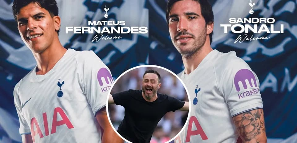 Mateus Fernandes y Sandro Tonali en presentación de Tottenham