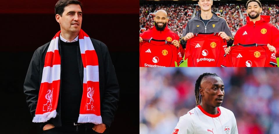 Entrenador con bufanda de Liverpool y tres jugadores de Manchester United