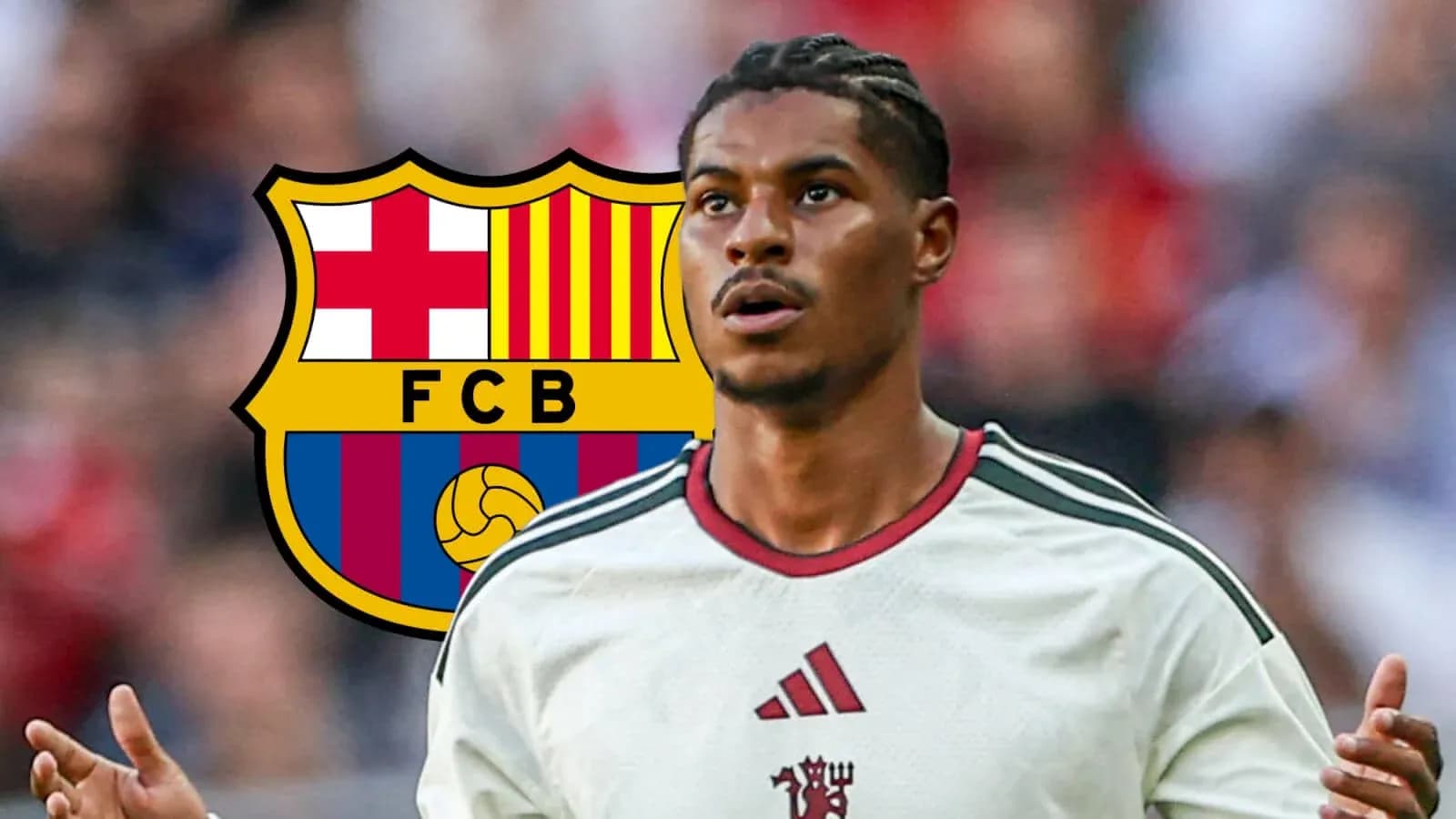 Jugador con camiseta blanca frente al logo del FC Barcelona