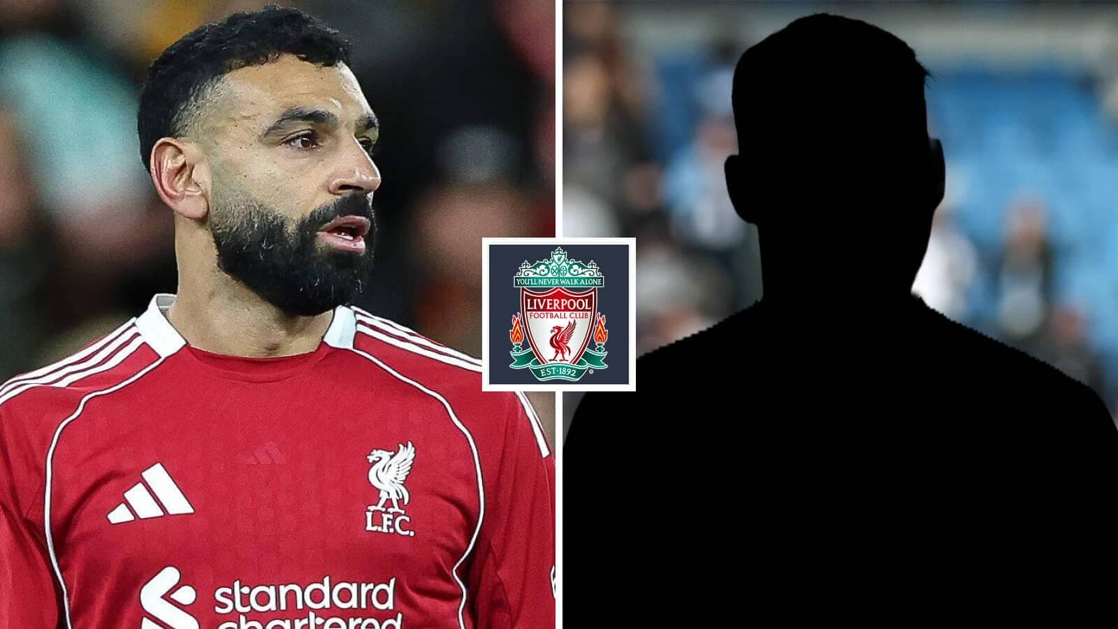 Mohamed Salah en uniforme de Liverpool con fondo oscuro