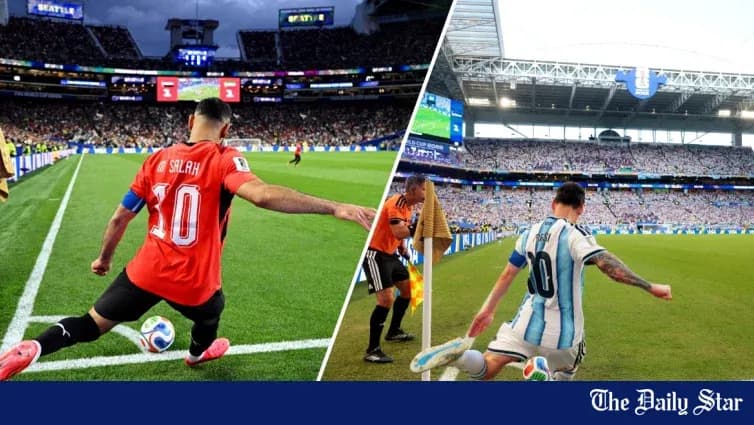 Mohamed Salah and Lionel Messi taking corner kicks