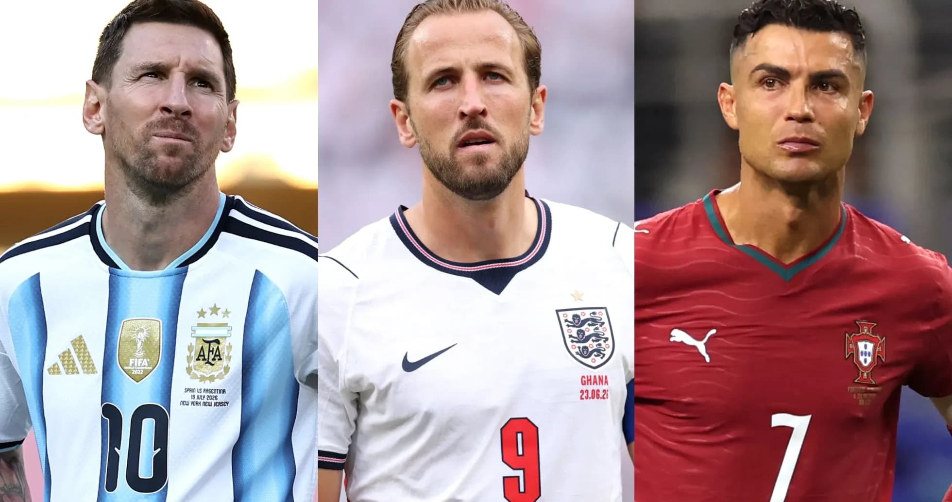 Tres jugadores de fútbol en camisetas nacionales