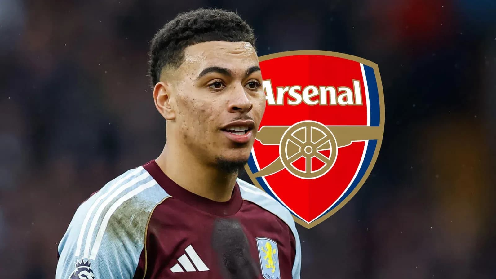 Jugador de Aston Villa con logo de Arsenal de fondo