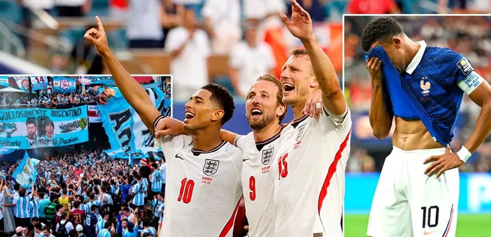 Jugadores de Inglaterra celebrando con aficionados en el fondo