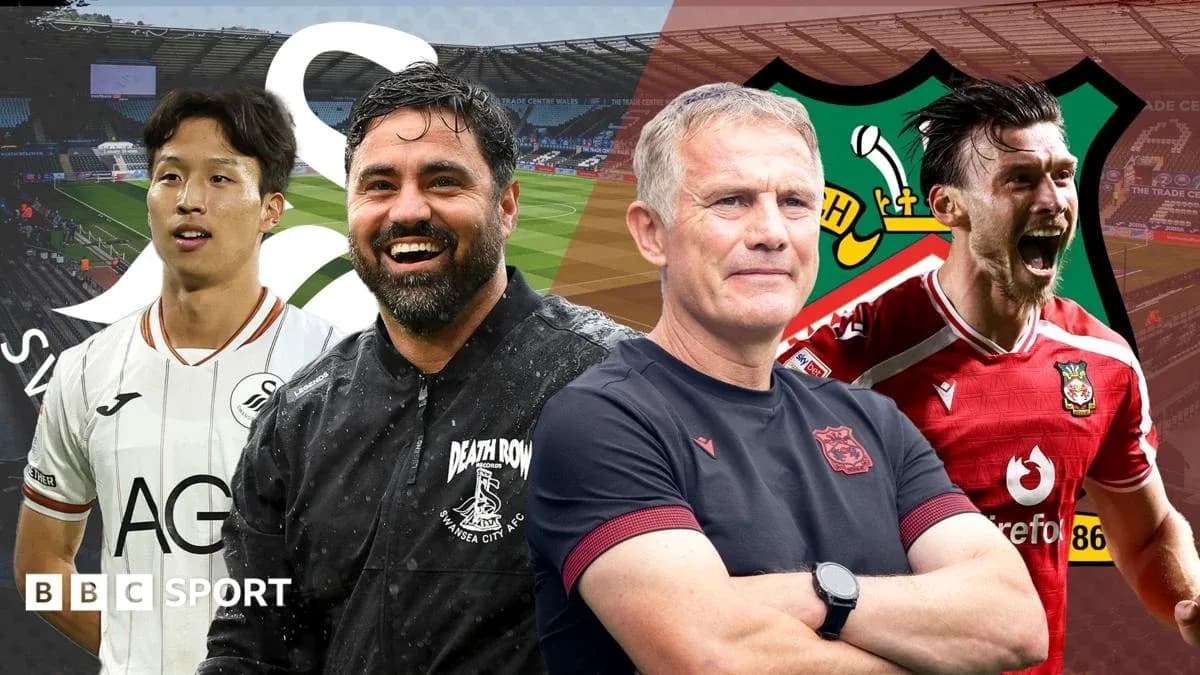 Jugadores y entrenadores de Swansea y Wrexham en fondo de estadio