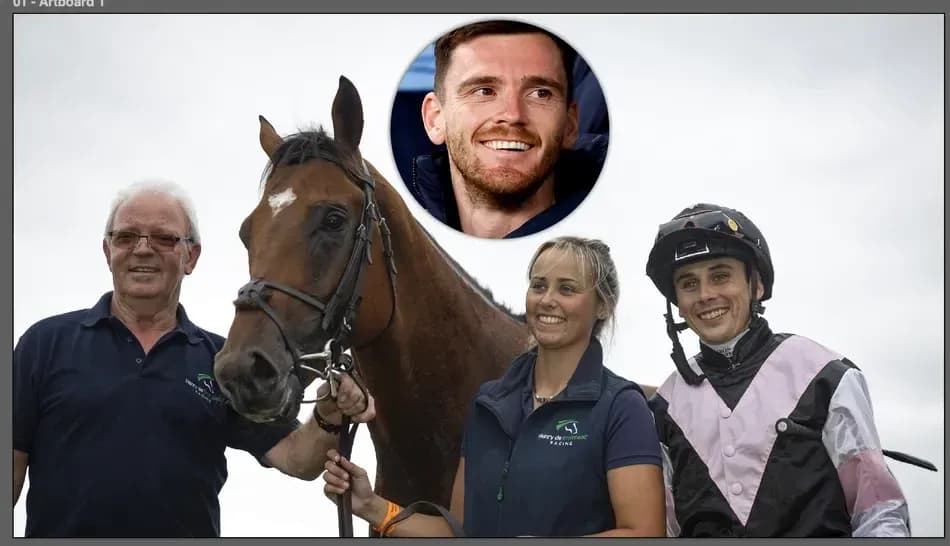 Tres personas posando con un caballo en el hipódromo