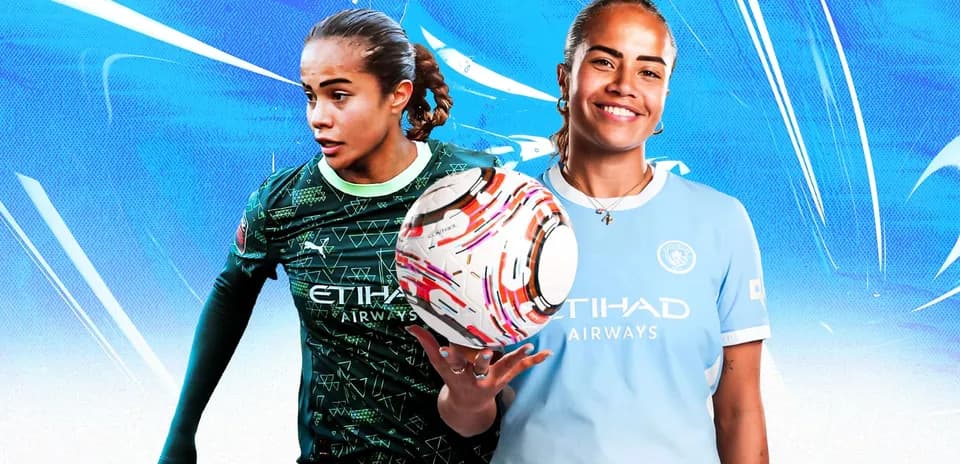 Jugadora de fútbol sosteniendo balón en dos uniformes