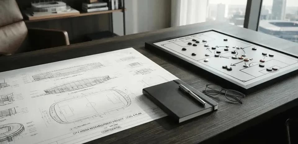 Planos y tablero de tácticas en mesa de oficina