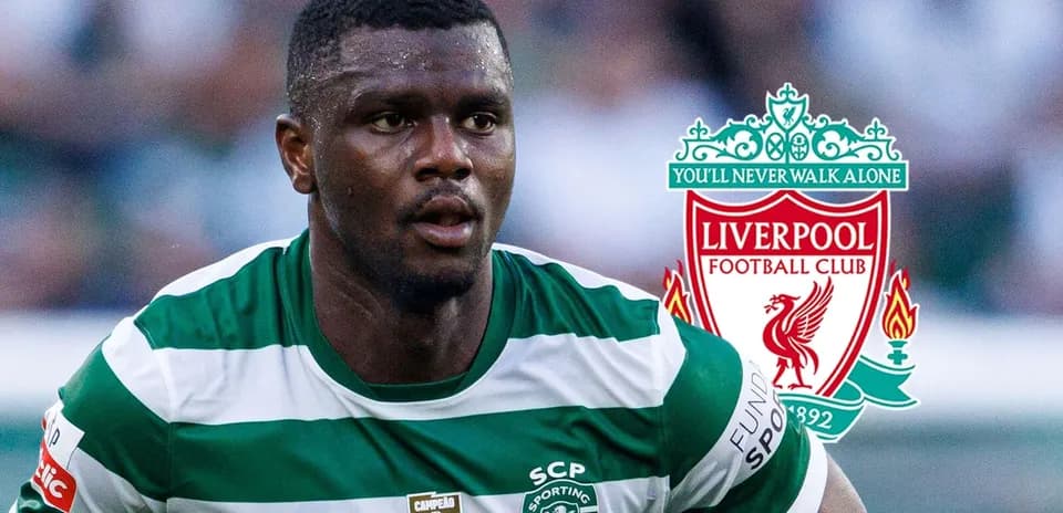 Jugador de Sporting CP corriendo con escudo de Liverpool