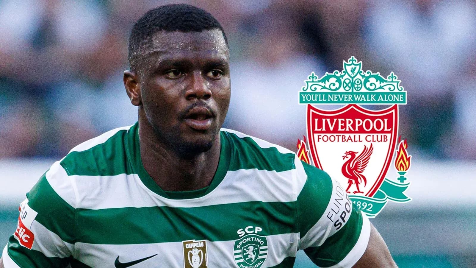 Jugador de Sporting CP corriendo con escudo de Liverpool