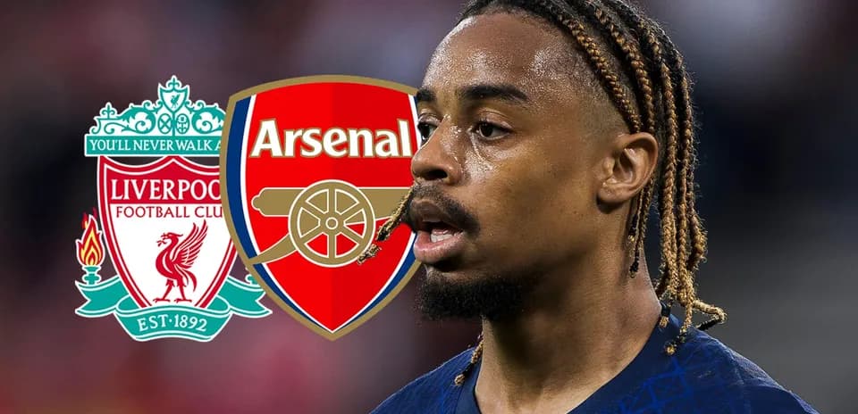 Jugador en primer plano con logotipos de Liverpool y Arsenal