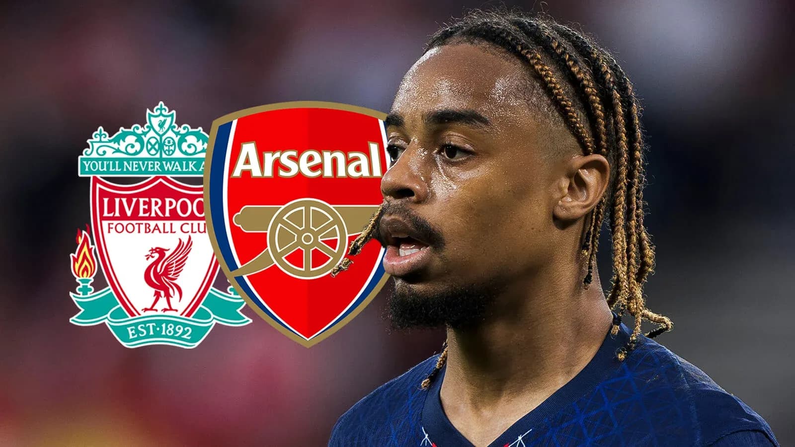 Jugador en primer plano con logotipos de Liverpool y Arsenal
