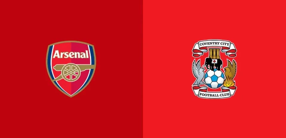 Logos de Arsenal y Coventry City sobre fondo rojo