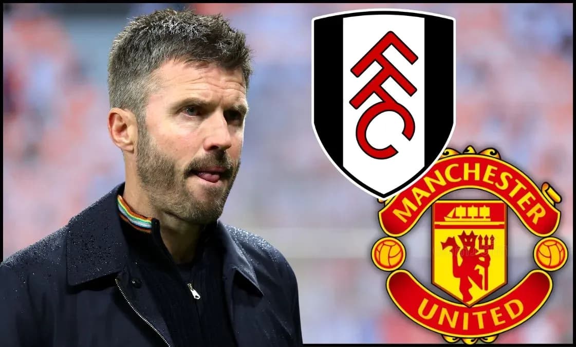 Entrenador en primer plano con logos de Fulham y Manchester United