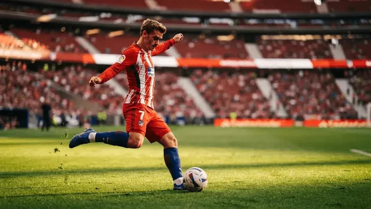 Jugador de Atlético de Madrid chutando el balón