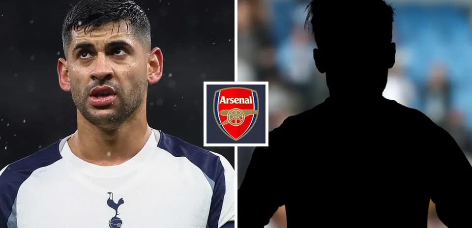 Jugador de Tottenham con logo de Arsenal en fondo