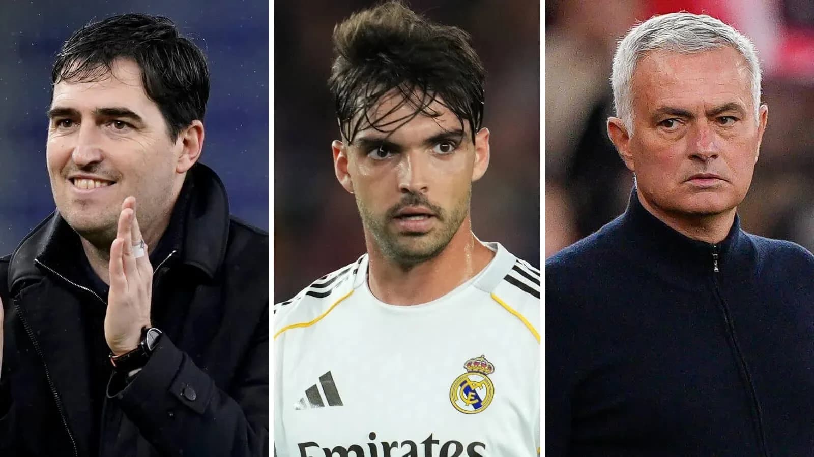 Tres hombres en diferentes atuendos de fútbol