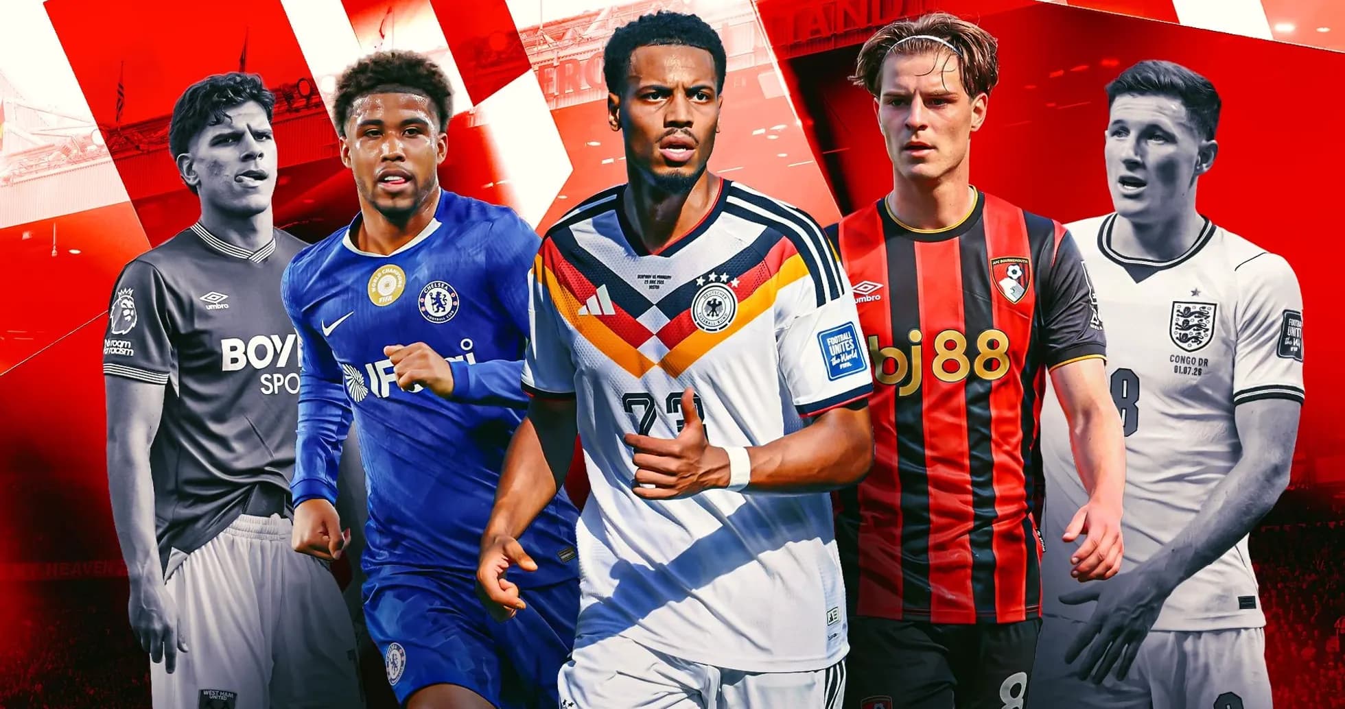 Cinco futbolistas en sus camisetas de clubes nacionales
