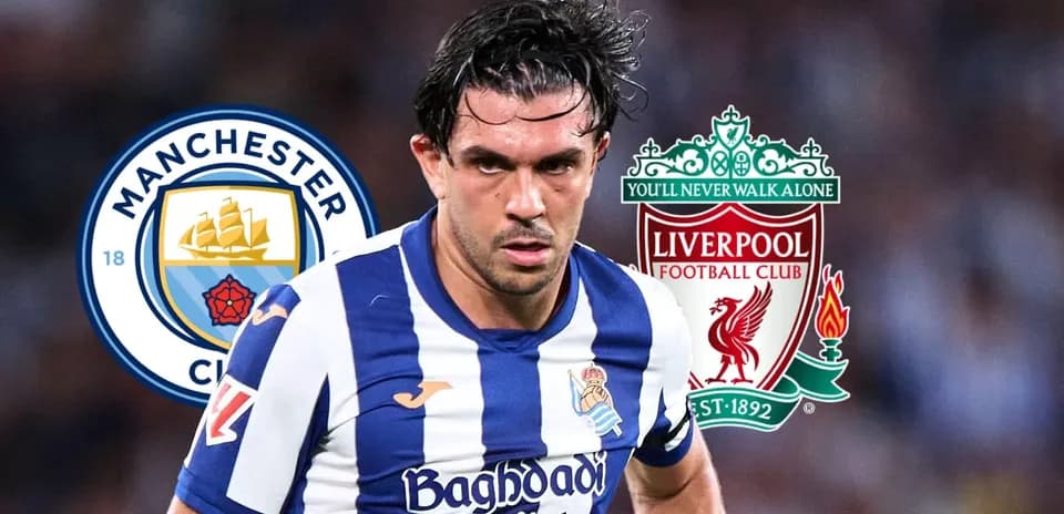 Jugador de la Real Sociedad en acción con logotipos de clubes
