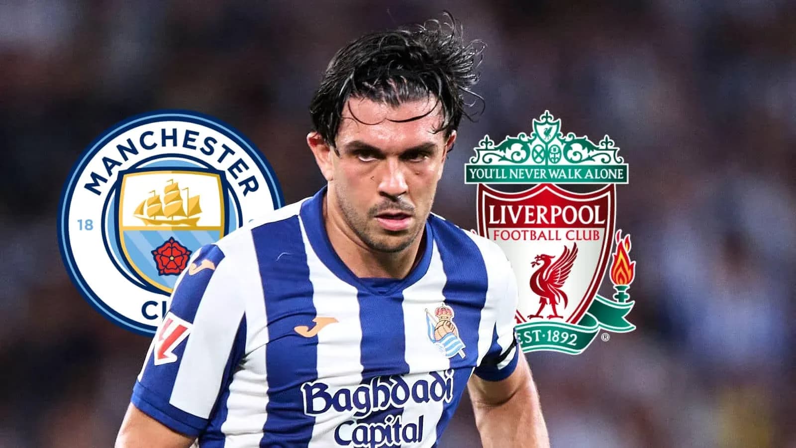 Jugador de la Real Sociedad en acción con logotipos de clubes