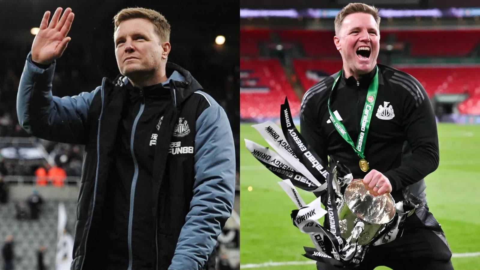 Entrenador de Newcastle saludando y celebrando un trofeo