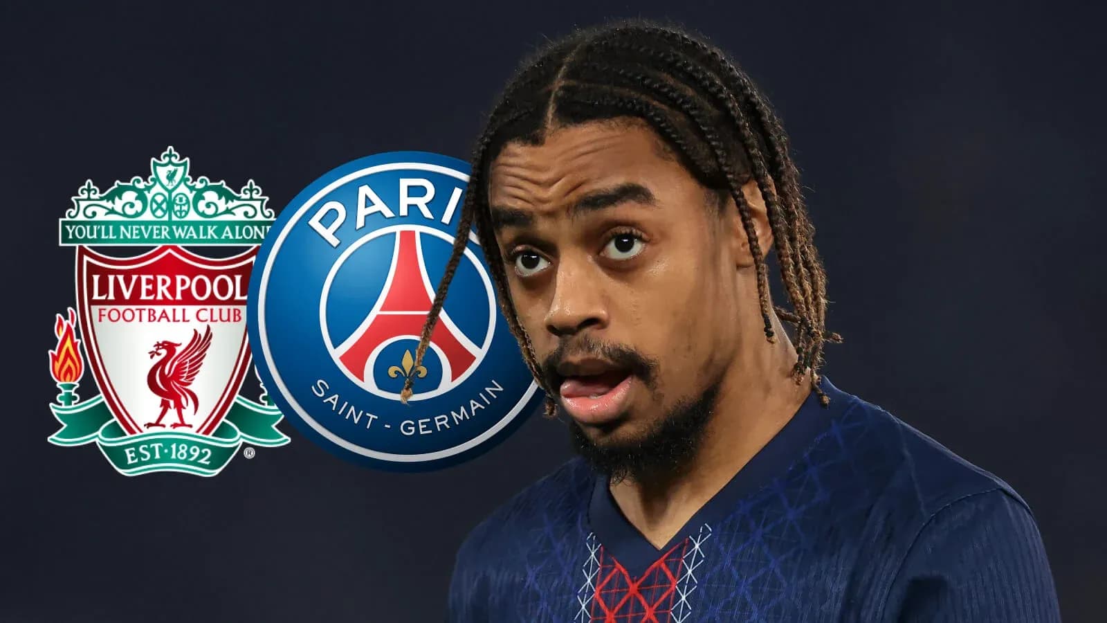 Jugador con camiseta de PSG frente a logotipos de Liverpool y PSG