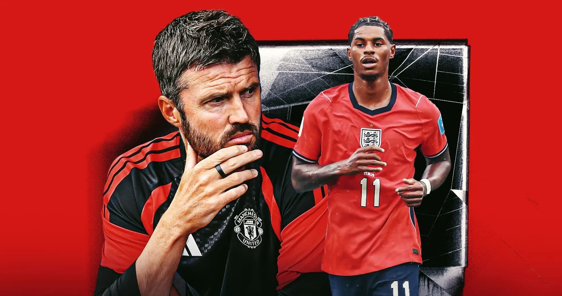 Entrenador y jugador de fútbol en fondo rojo
